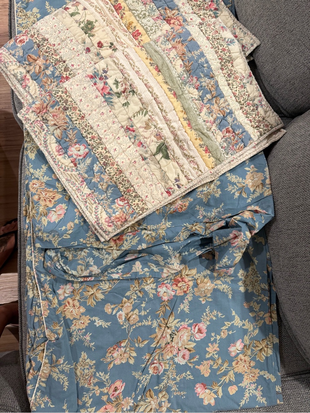 Floral Patchwork Duvet Cover and Shams in Blue and Cream
